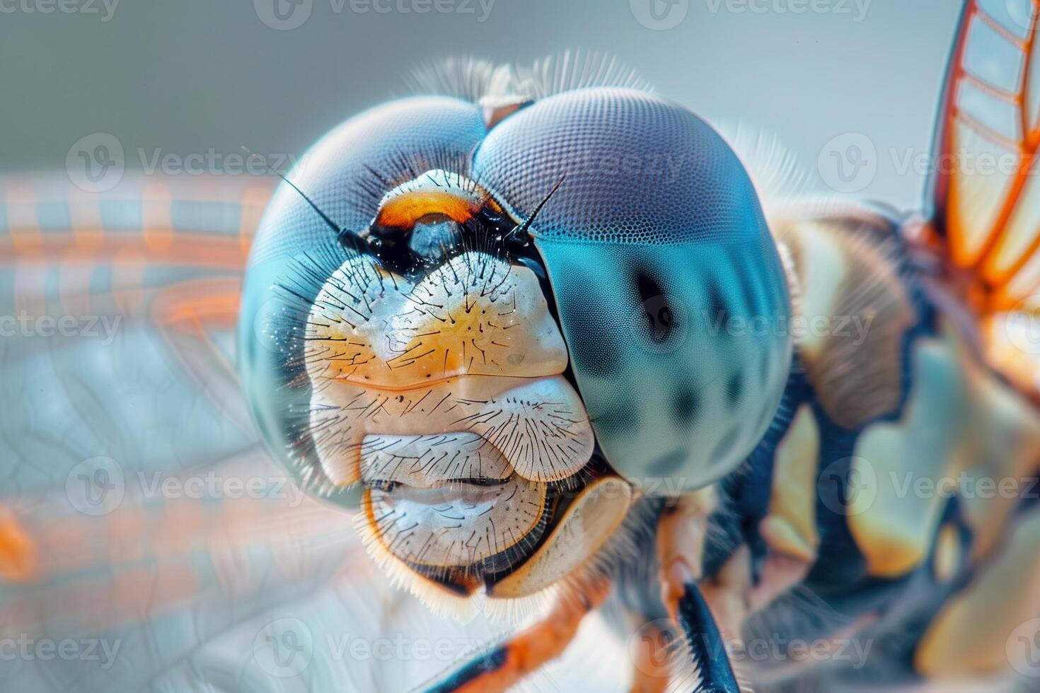 A close up of a dragonfly's face photo