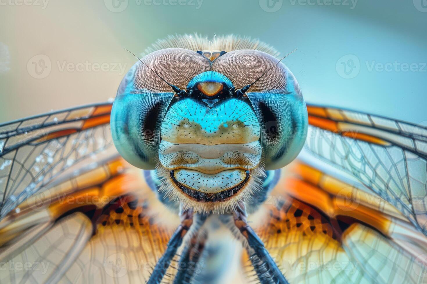 A close up of a dragonfly's face photo
