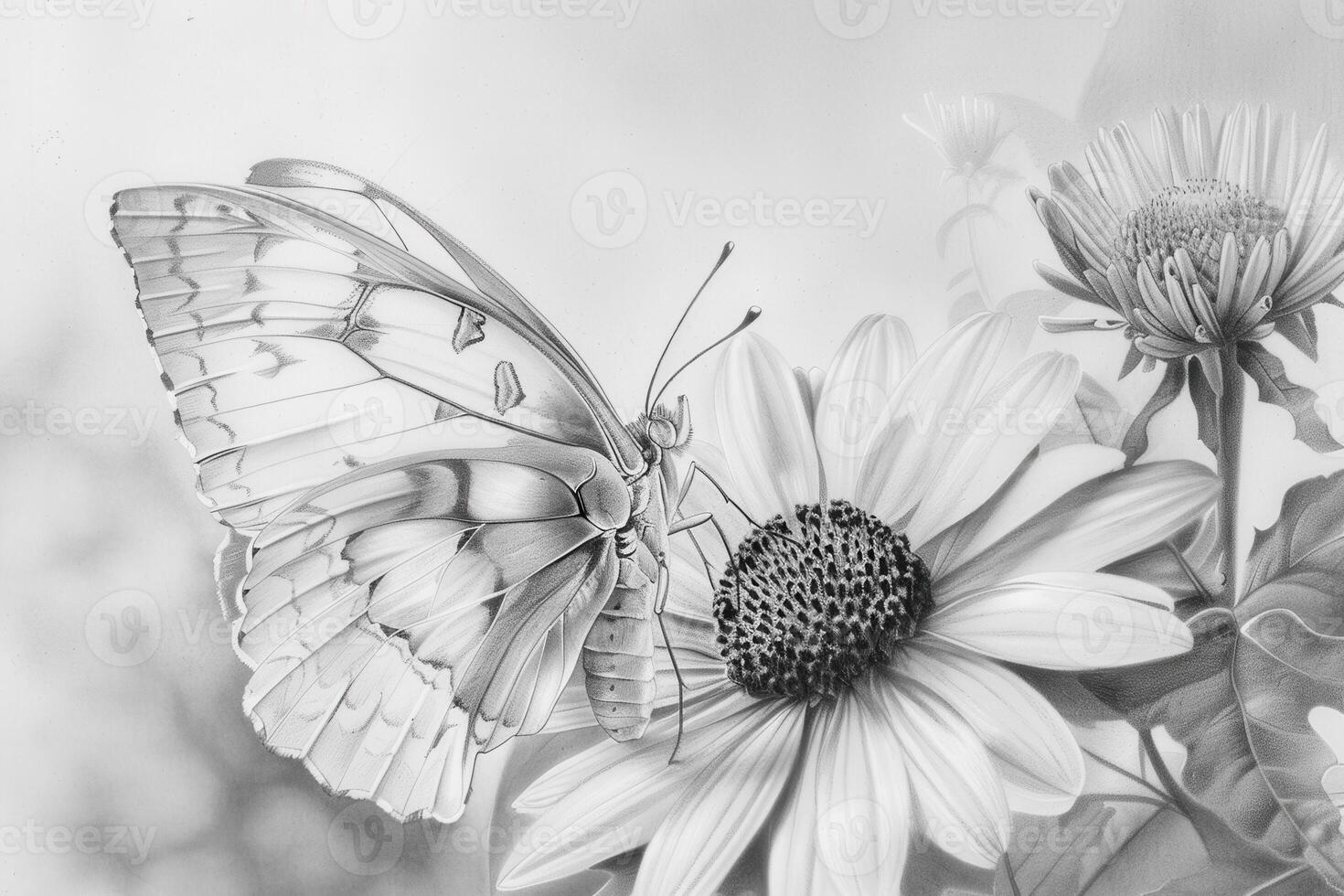 A black and white drawing of a butterfly on a flower photo