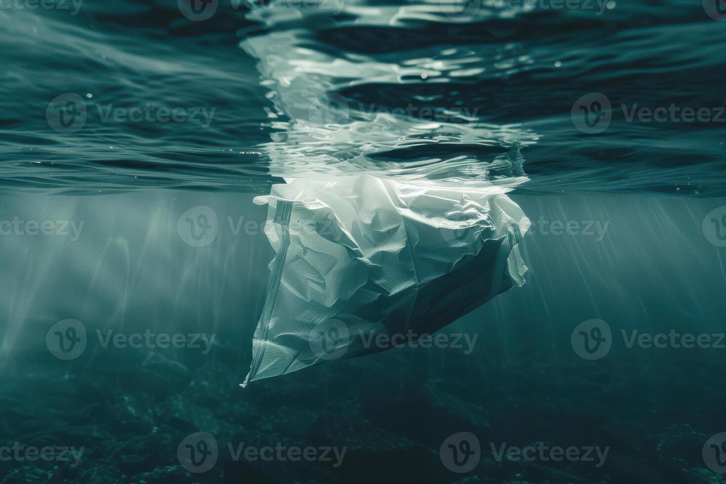 Plastic bag floating in the ocean photo