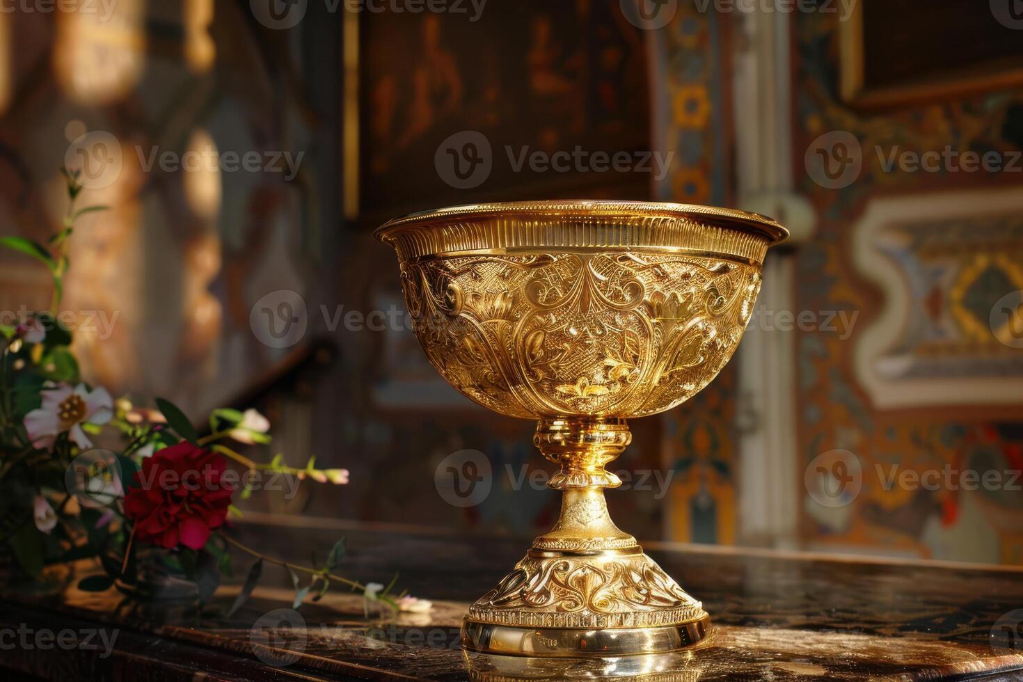 A golden cup sitting on a table in a room photo