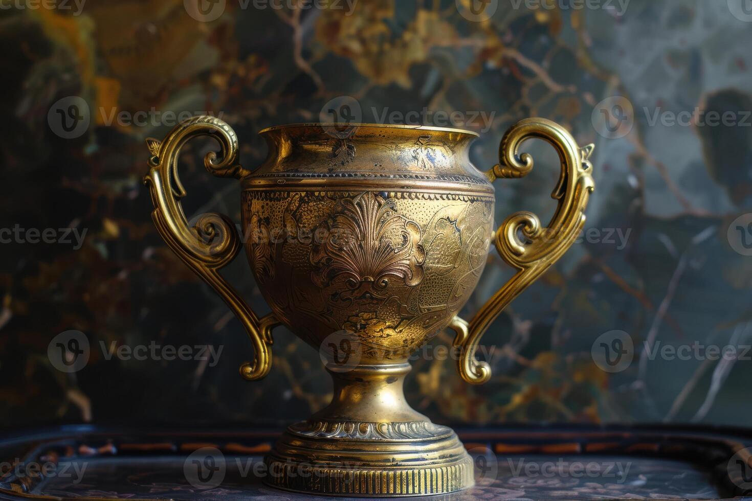 A gold trophy on a table in front of a wall photo