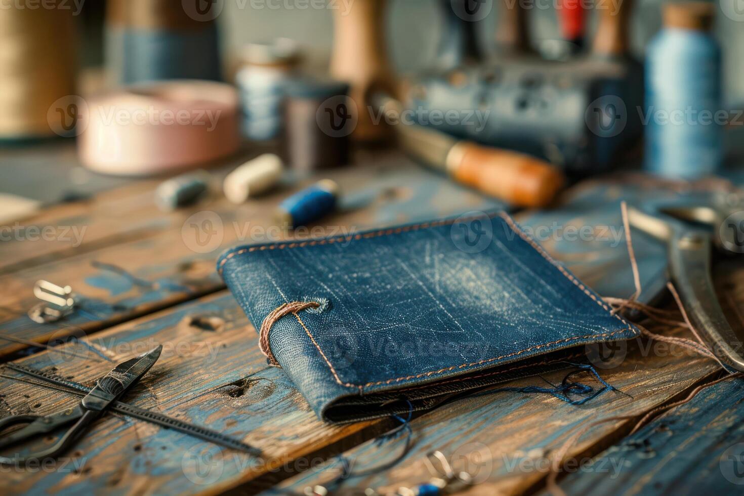 A leather wallet sitting on a table with other tools photo