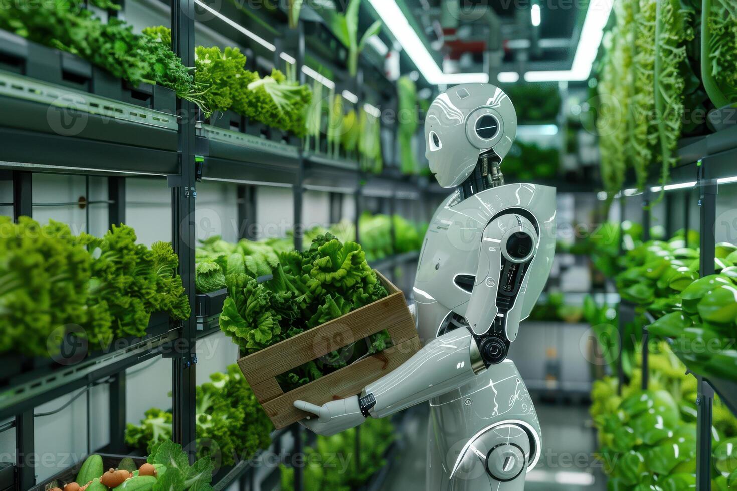 A robot is holding a box of vegetables in a supermarket photo