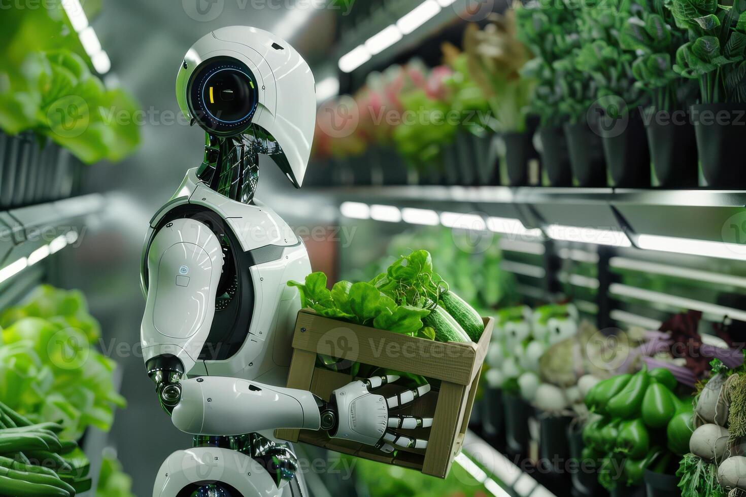 A robot holding a box of vegetables in a supermarket photo