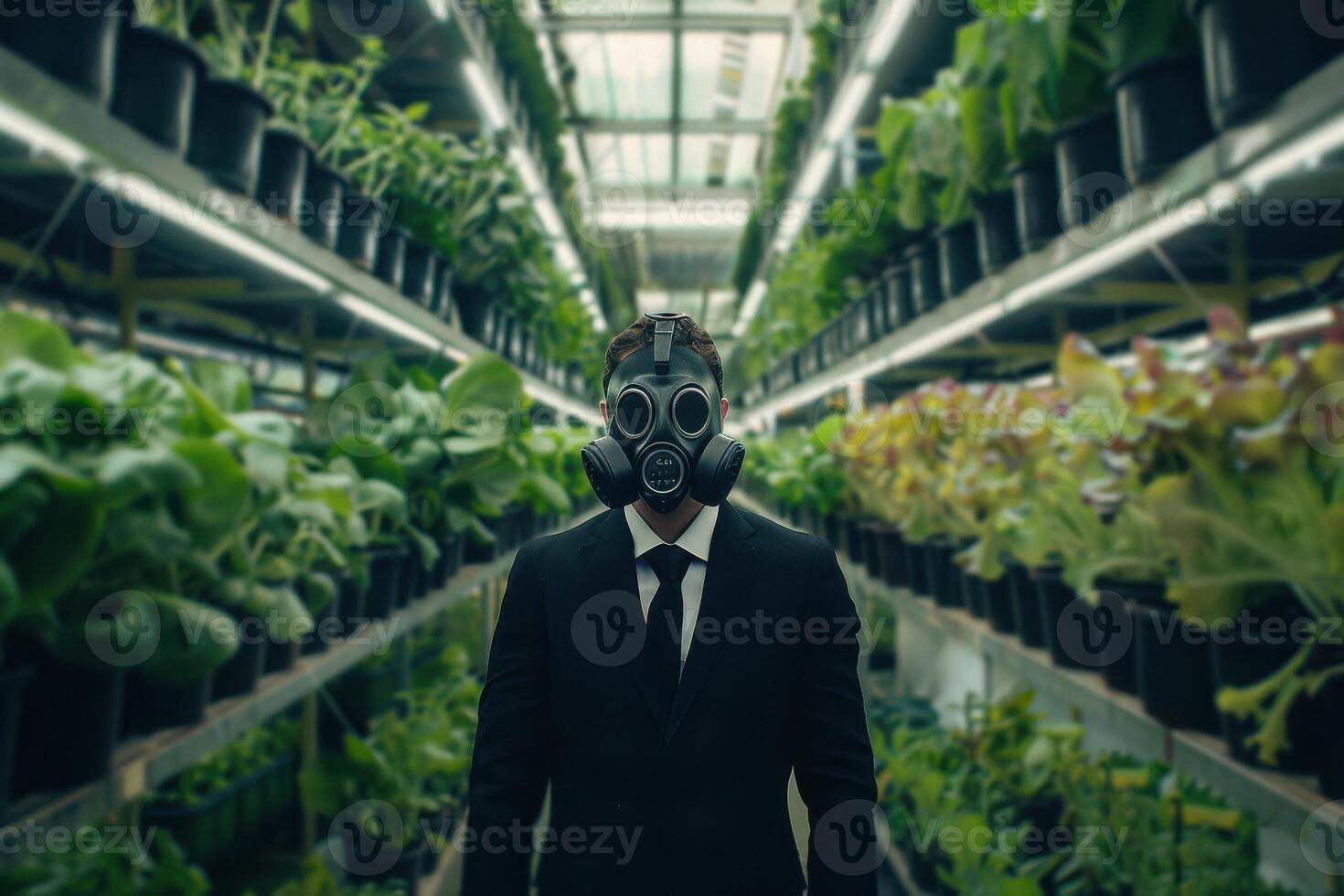 A man wearing a gas mask in a greenhouse photo