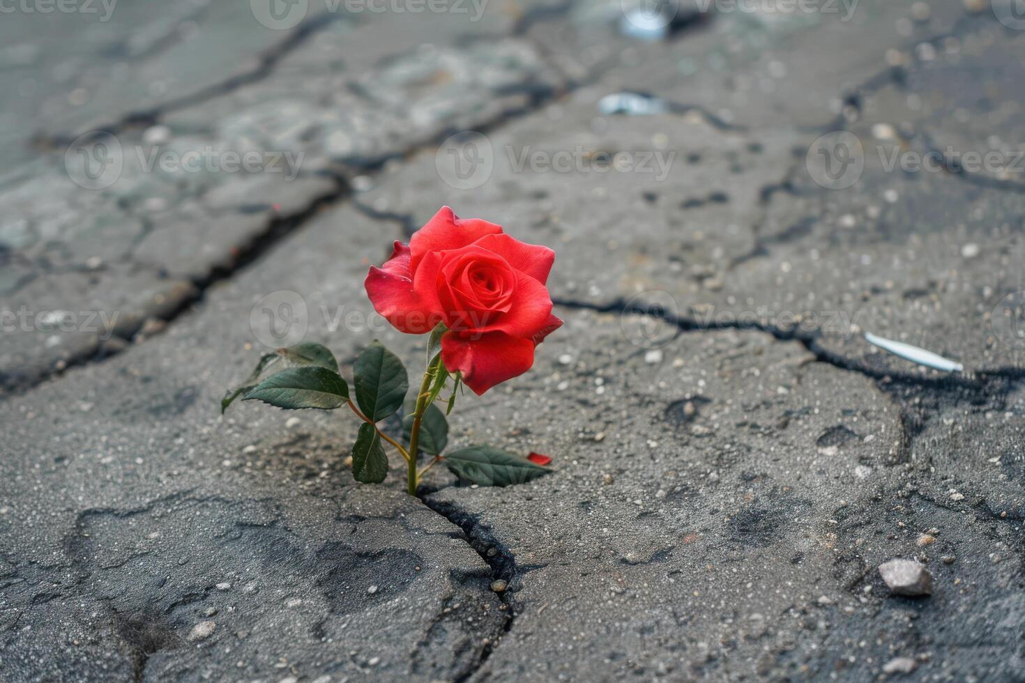 A single red rose is growing out of the crack in the pavement photo