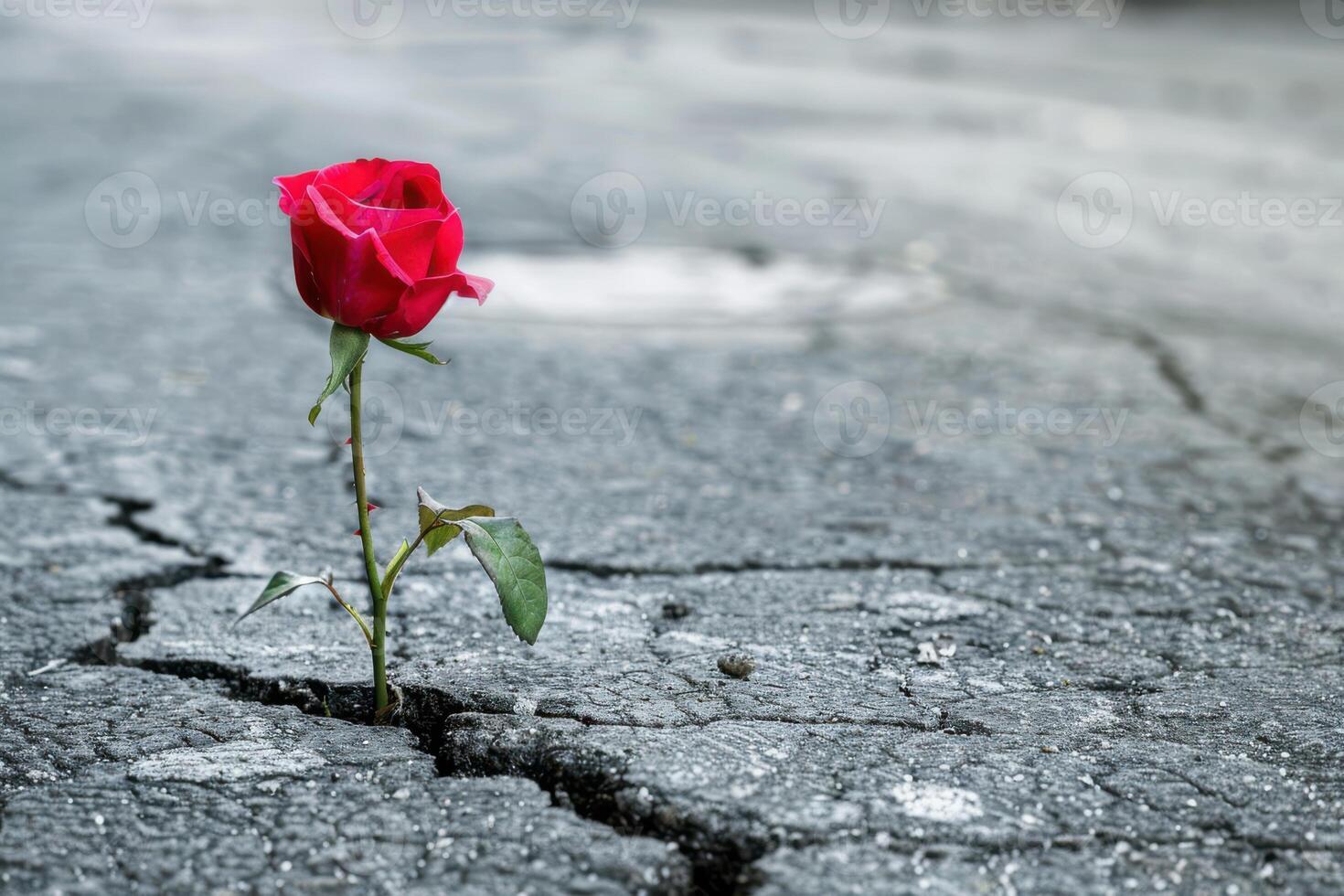 A single red rose is growing out of a crack in the asphalt photo