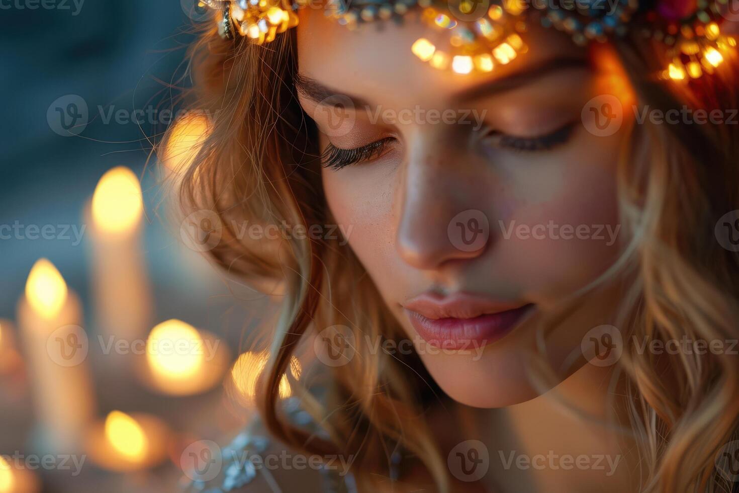 A woman with a headpiece of candles photo