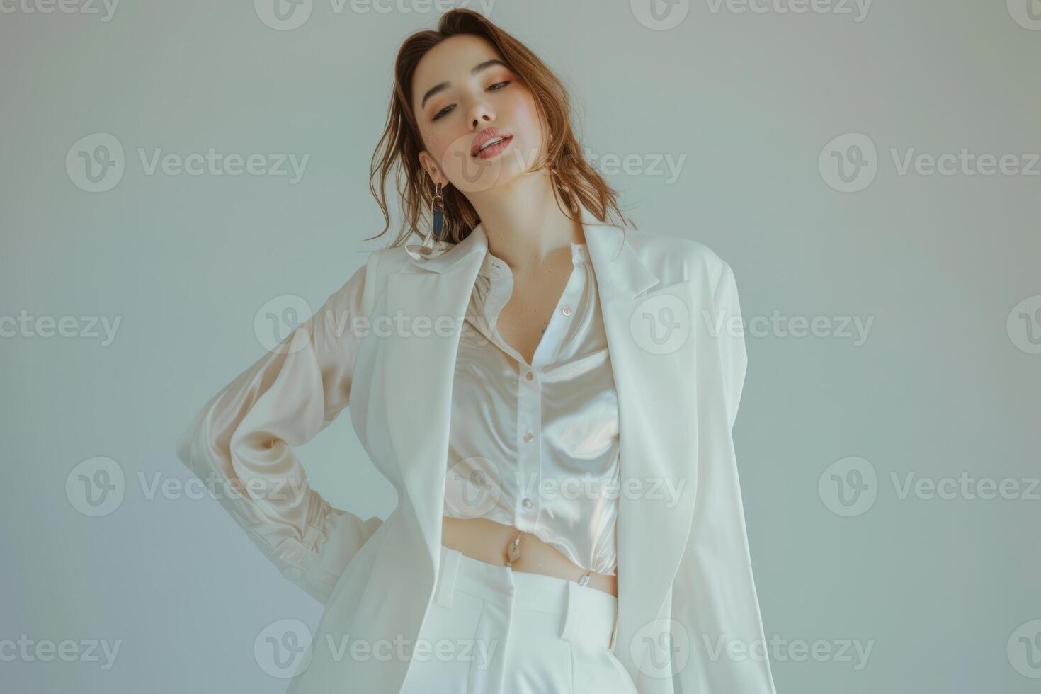 A woman in a white blazer and pants photo