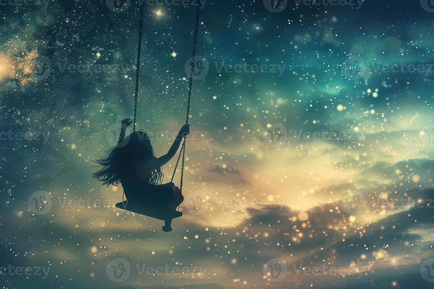 A woman on a swing in the night sky photo