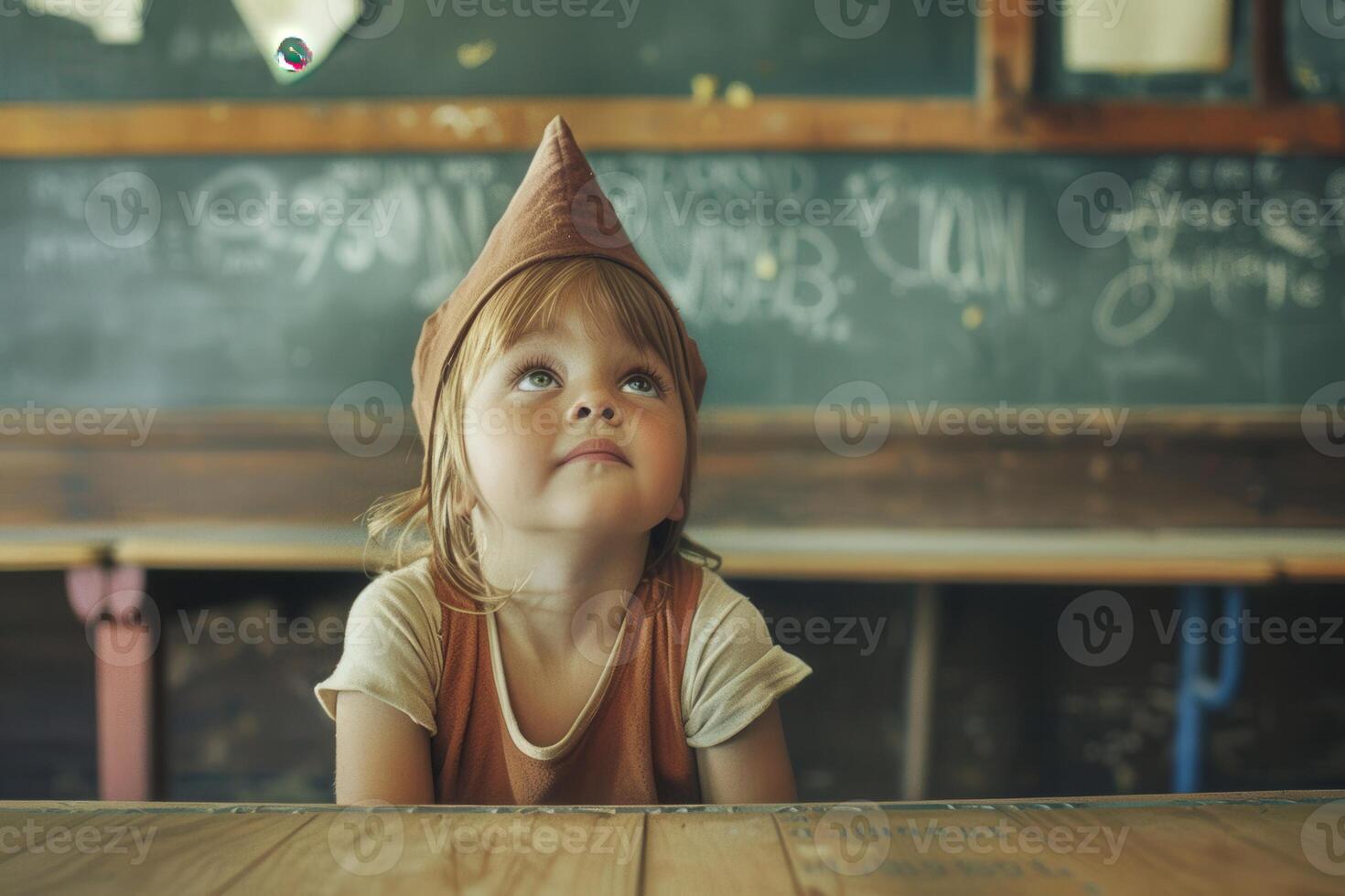 A little girl wearing a hat sits at a table photo