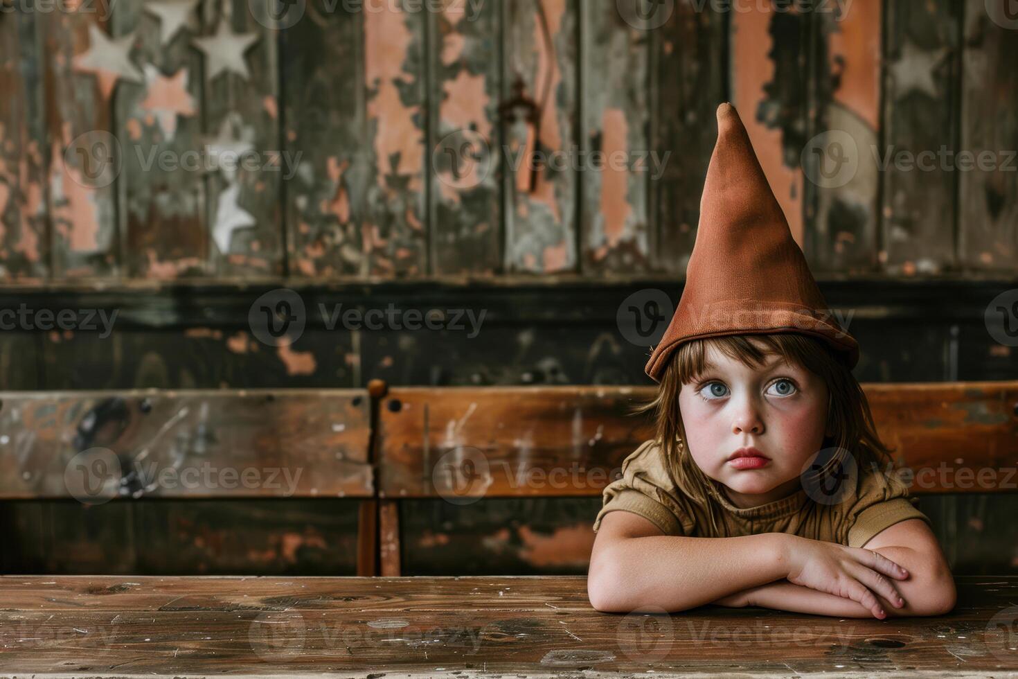 A little girl wearing a hat sits at a table photo