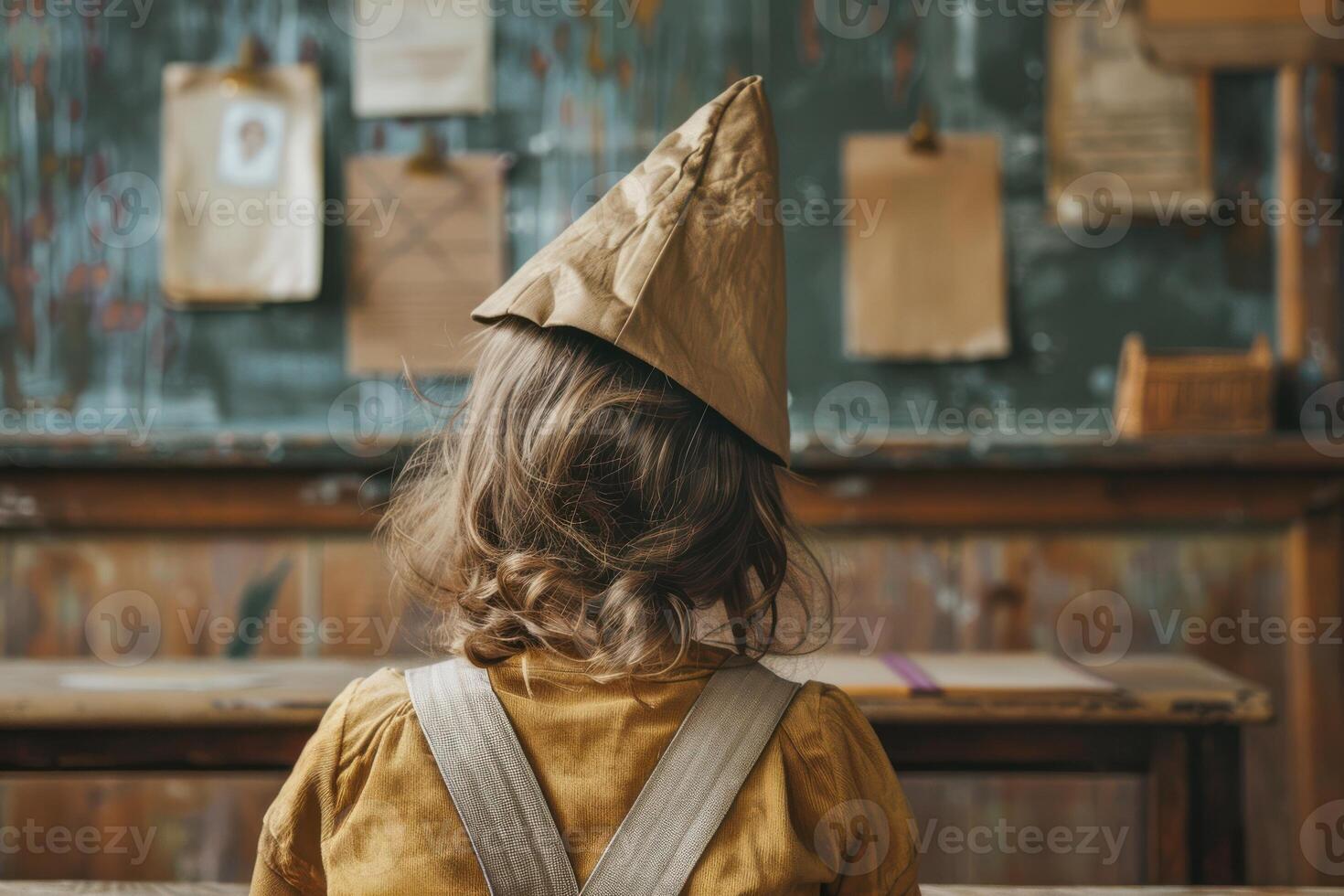 A little girl wearing a paper hat sitting at a desk photo
