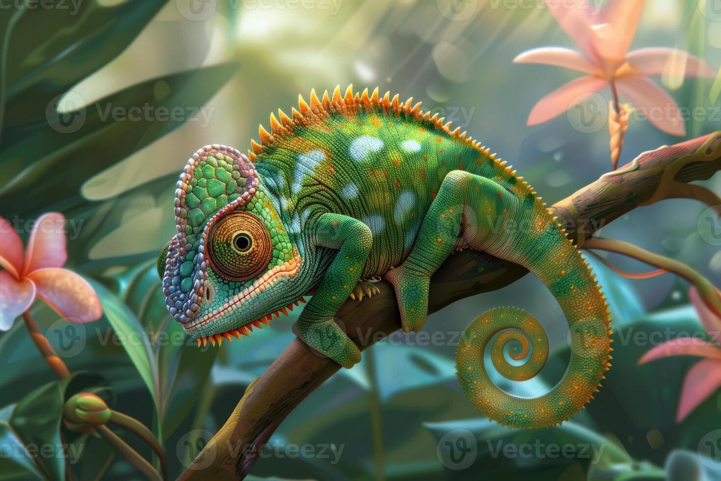 A chameleon is sitting on a branch in the jungle photo
