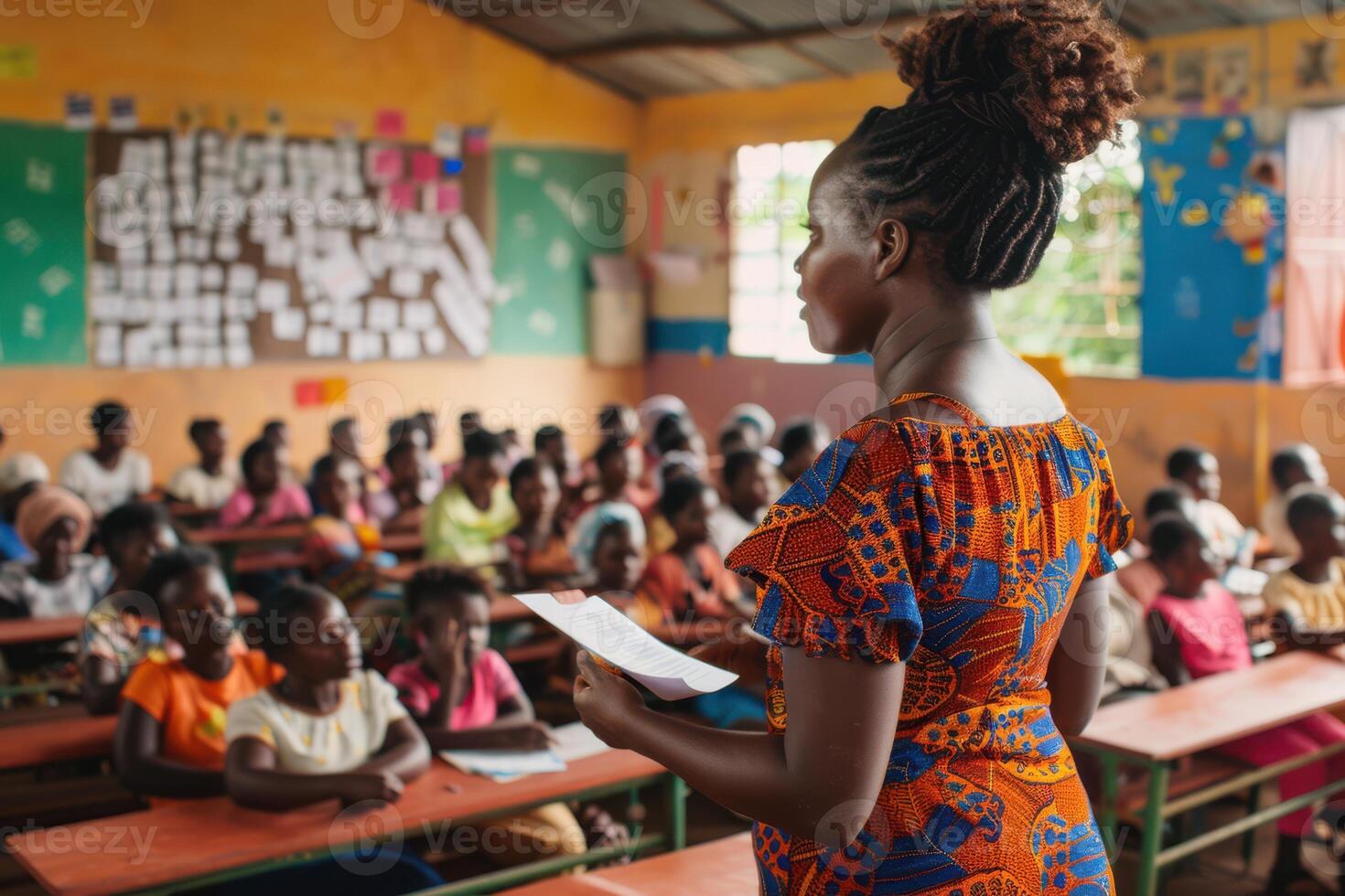A woman stands in front of a classroom with children photo