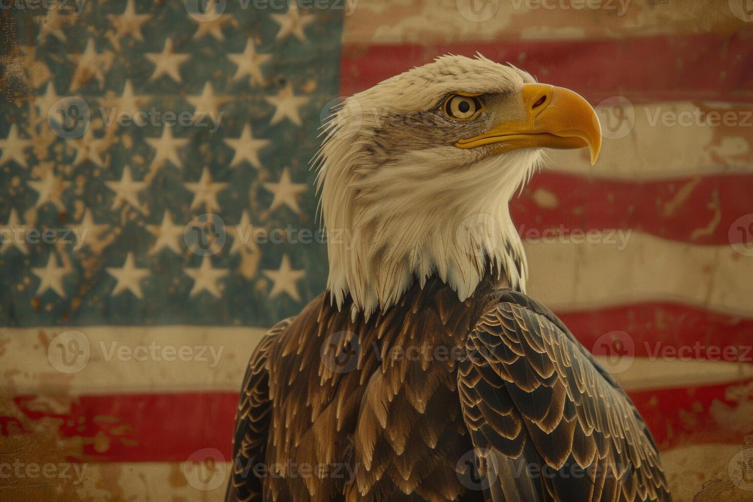 An eagle with a flag in the background photo