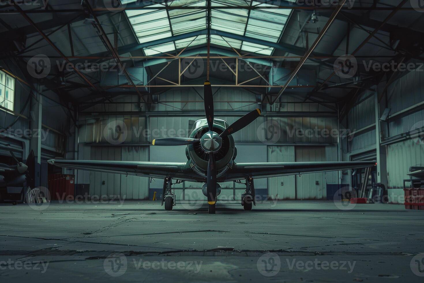 A plane is sitting in a hangar with a roof photo