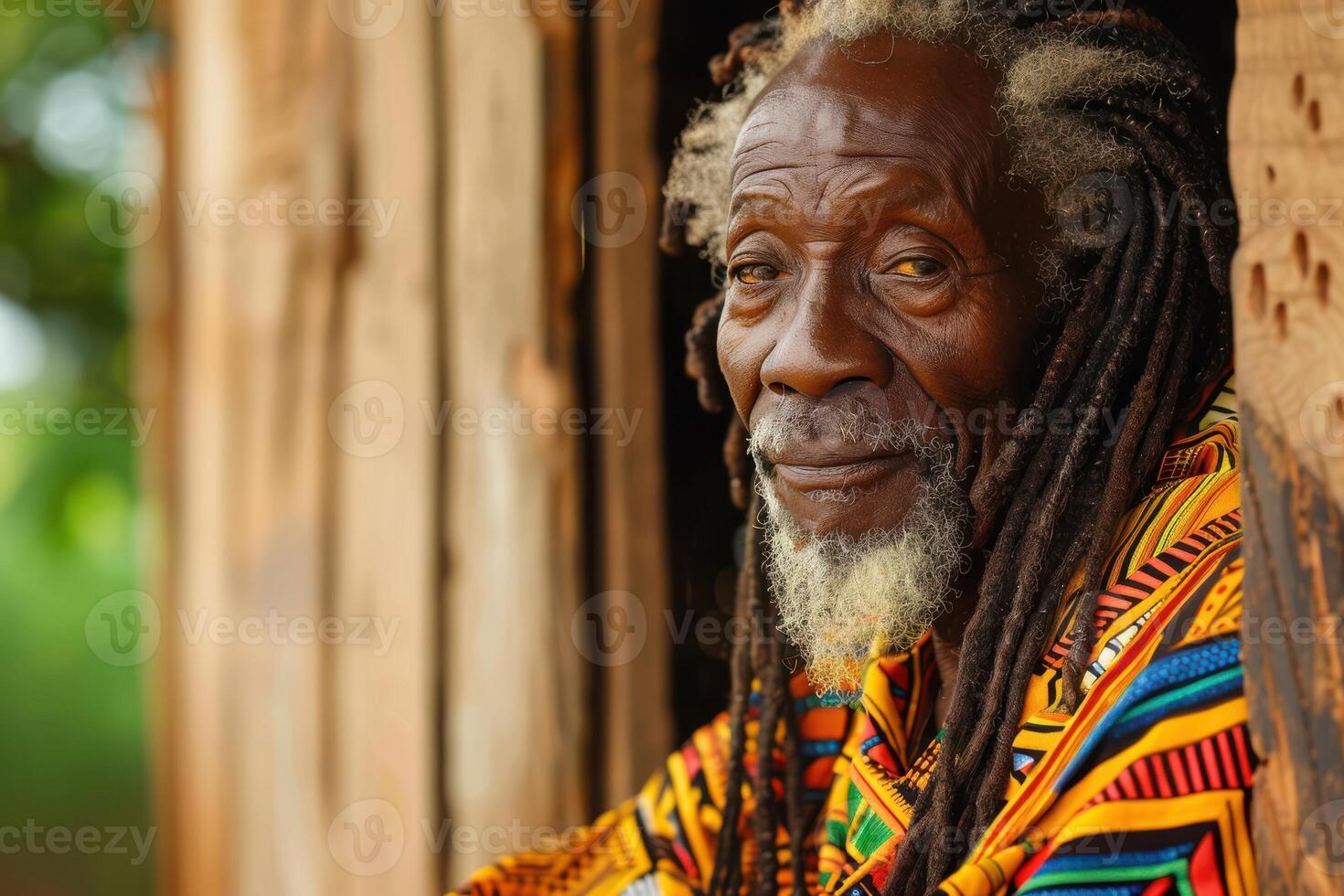 An old man with dreadlocks sitting in a window photo
