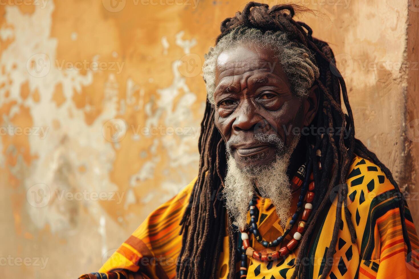 An old man with dreadlocks sitting on a wall photo