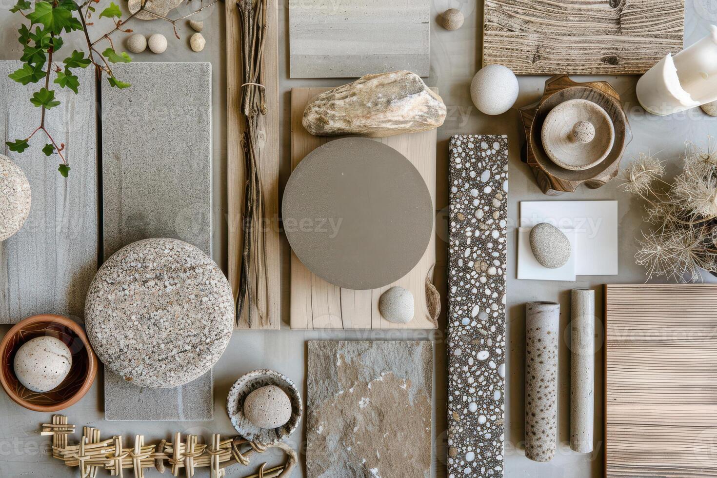 Various materials and objects are arranged on a table photo