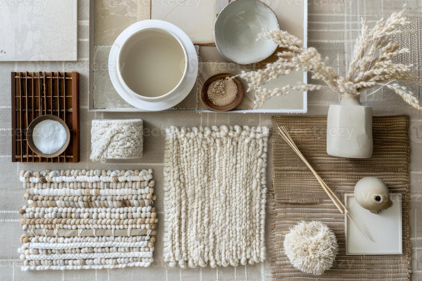 A table with various items including a bowl, a bowl, a bowl, a bowl, a photo