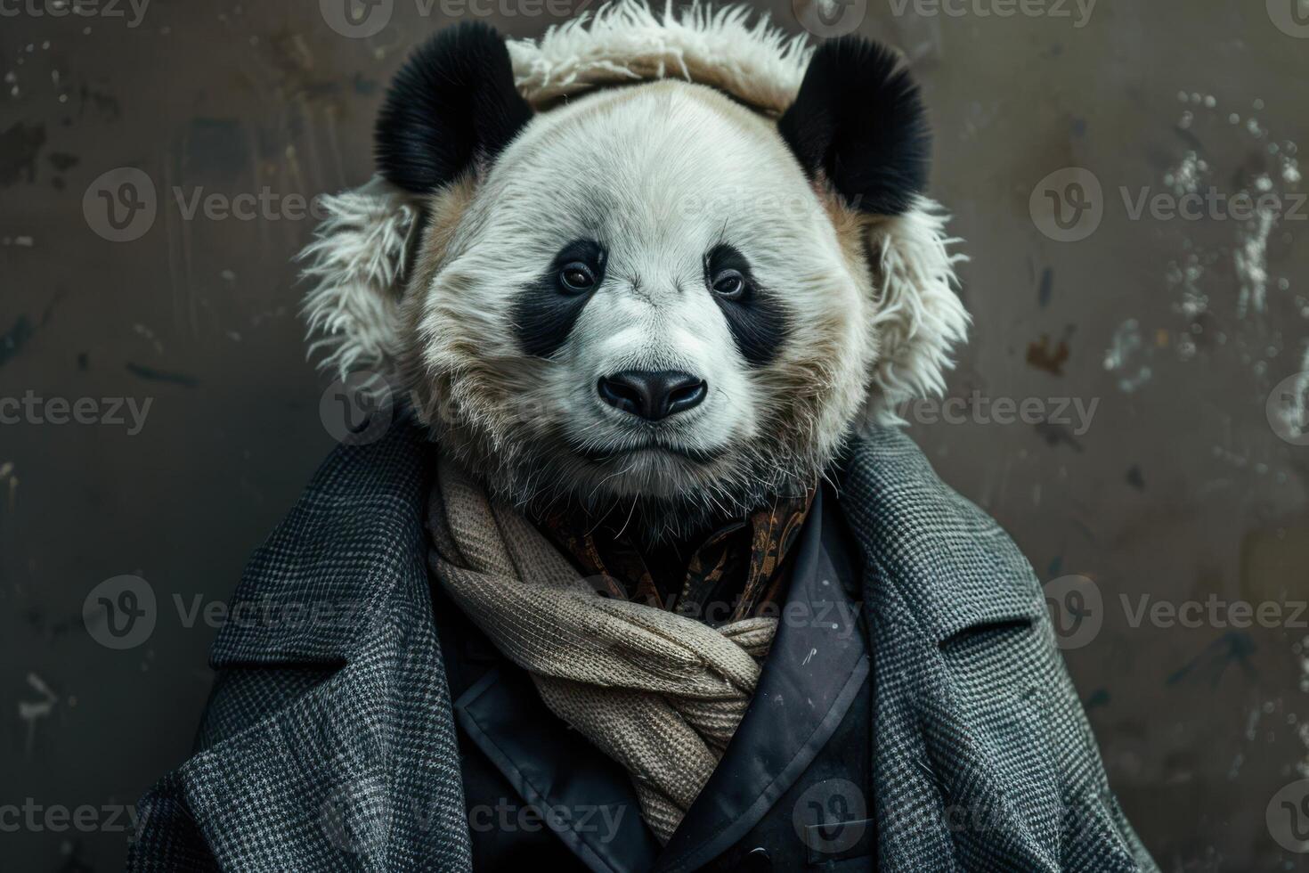 A panda bear wearing a coat and scarf photo