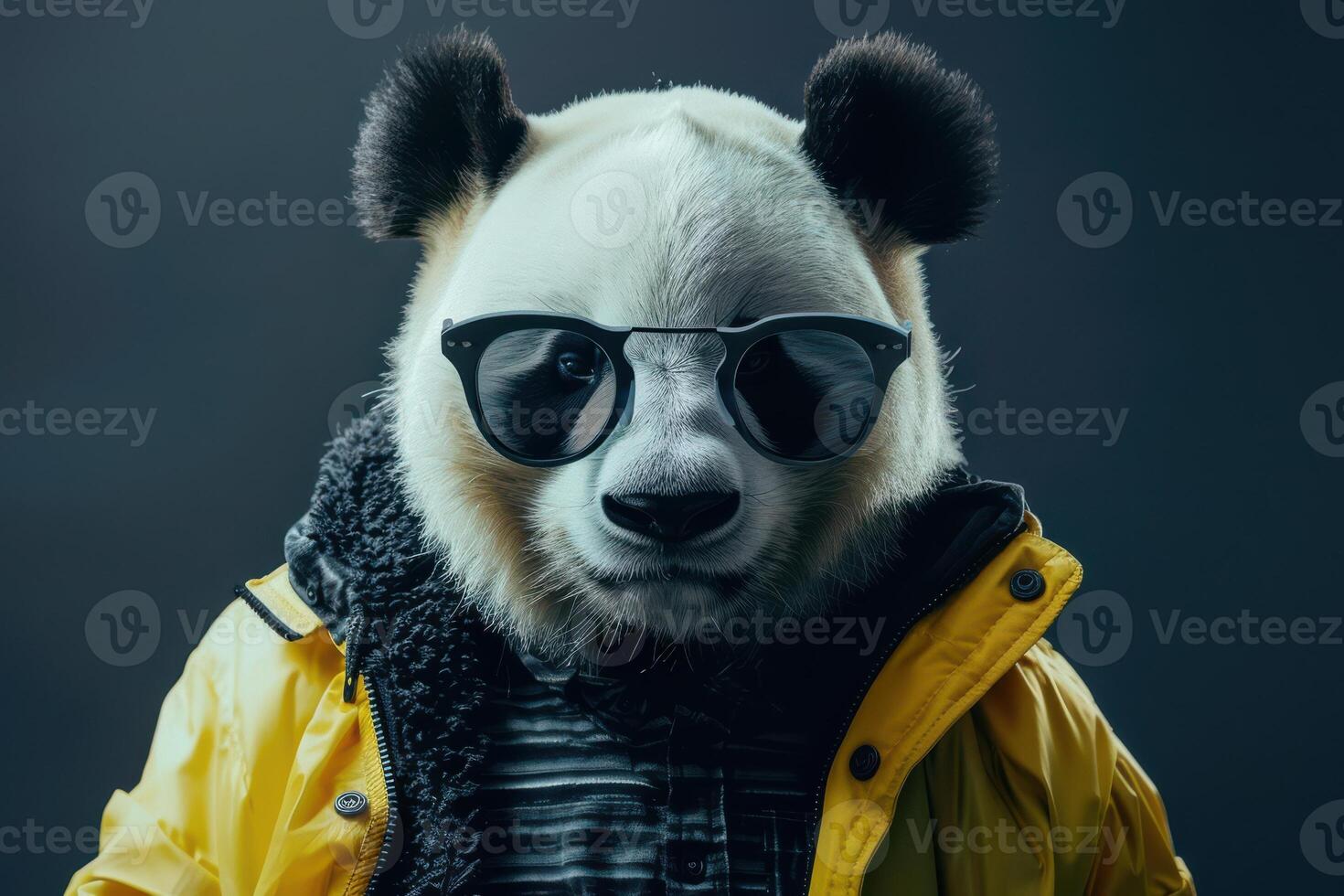 A panda wearing sunglasses and a jacket photo