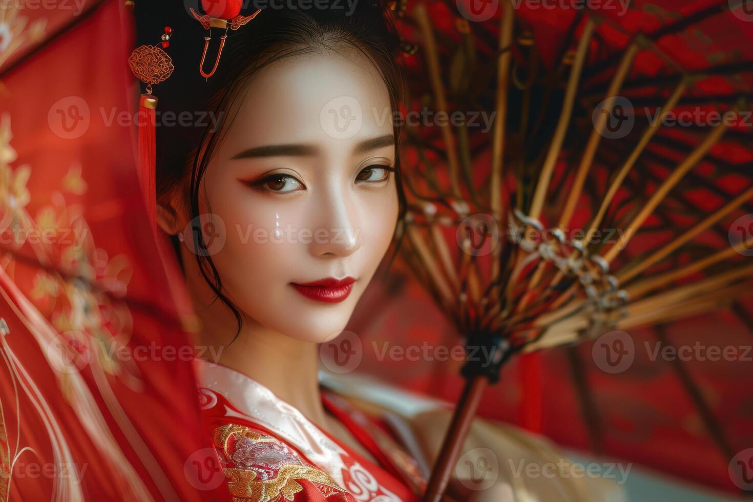 A beautiful woman in oriental clothing holding an umbrella photo