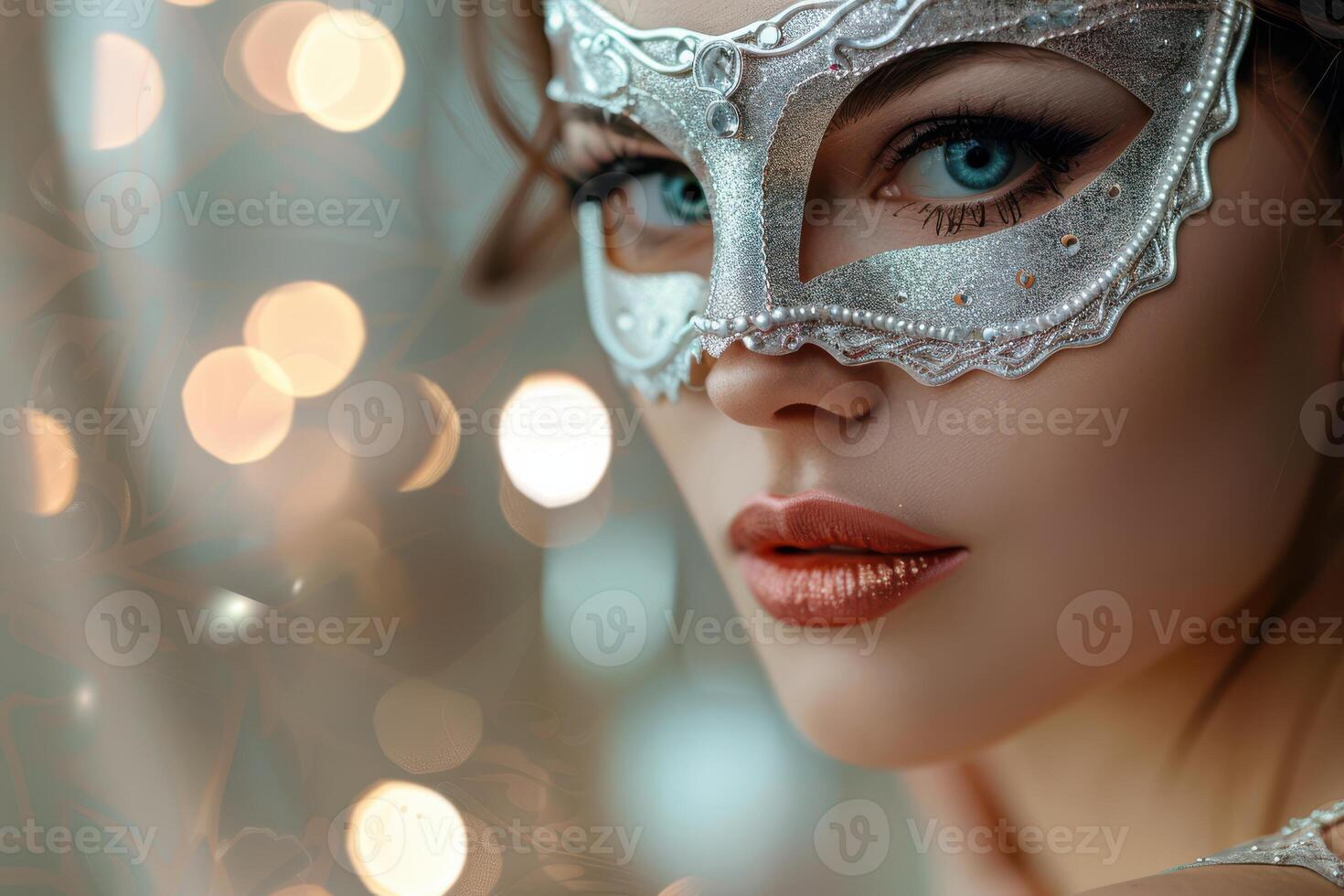 A woman with a silver mask on her face photo