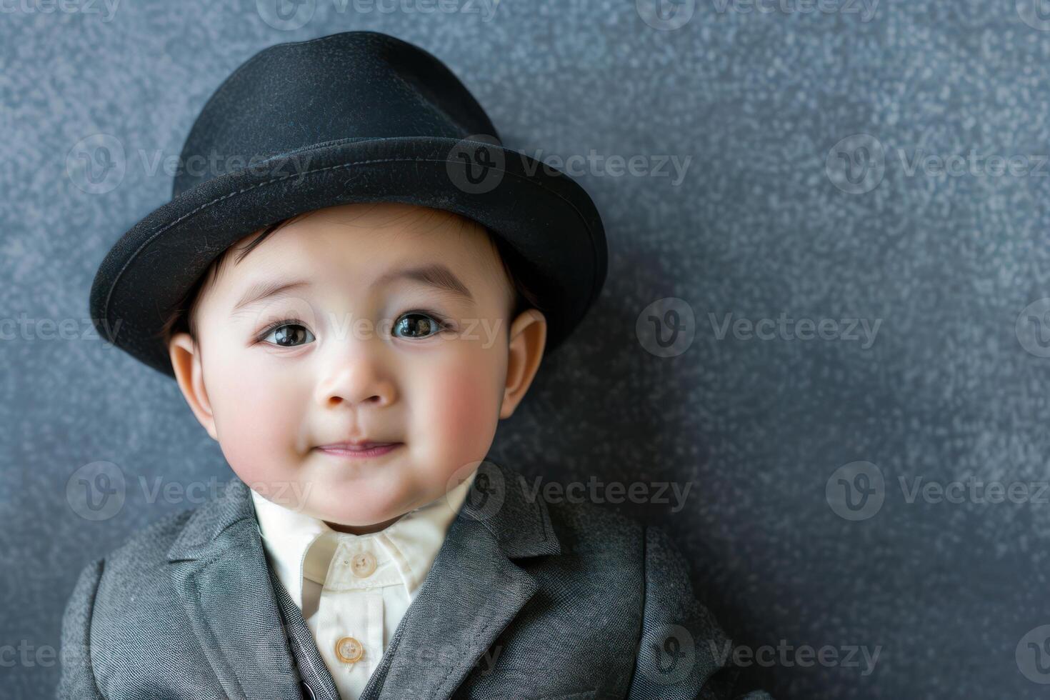 A baby wearing a suit and a hat photo