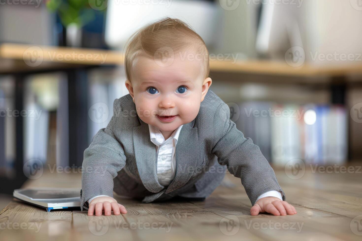 A baby in a suit crawling on the floor photo