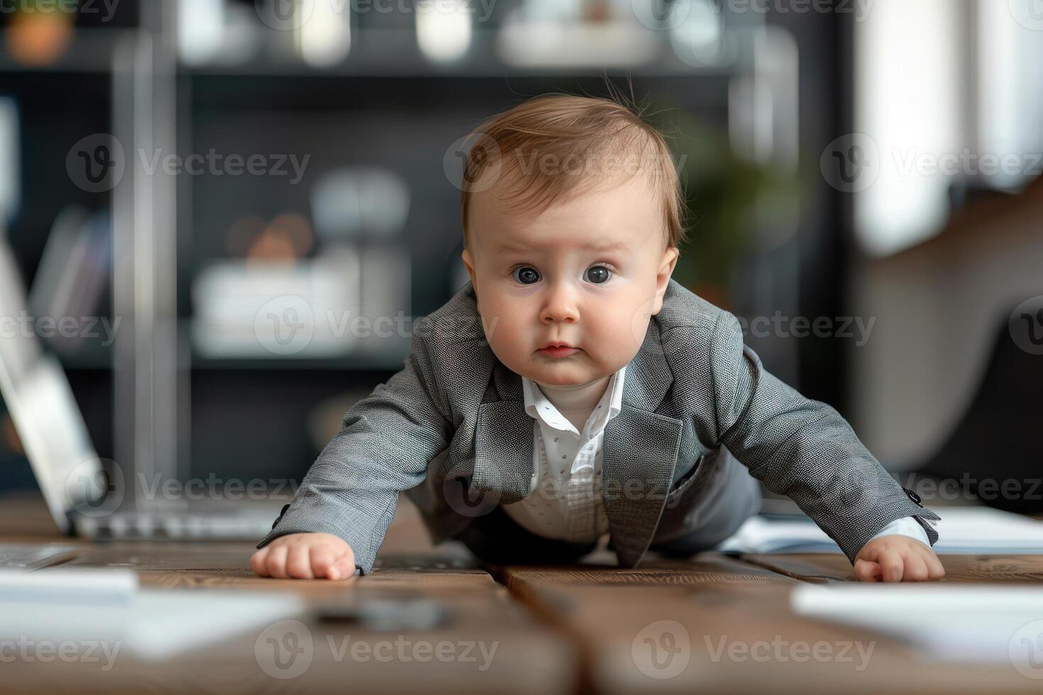 A baby in a suit crawling on a table photo