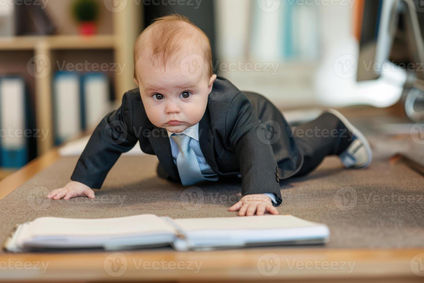 A baby in a suit crawling on the floor photo