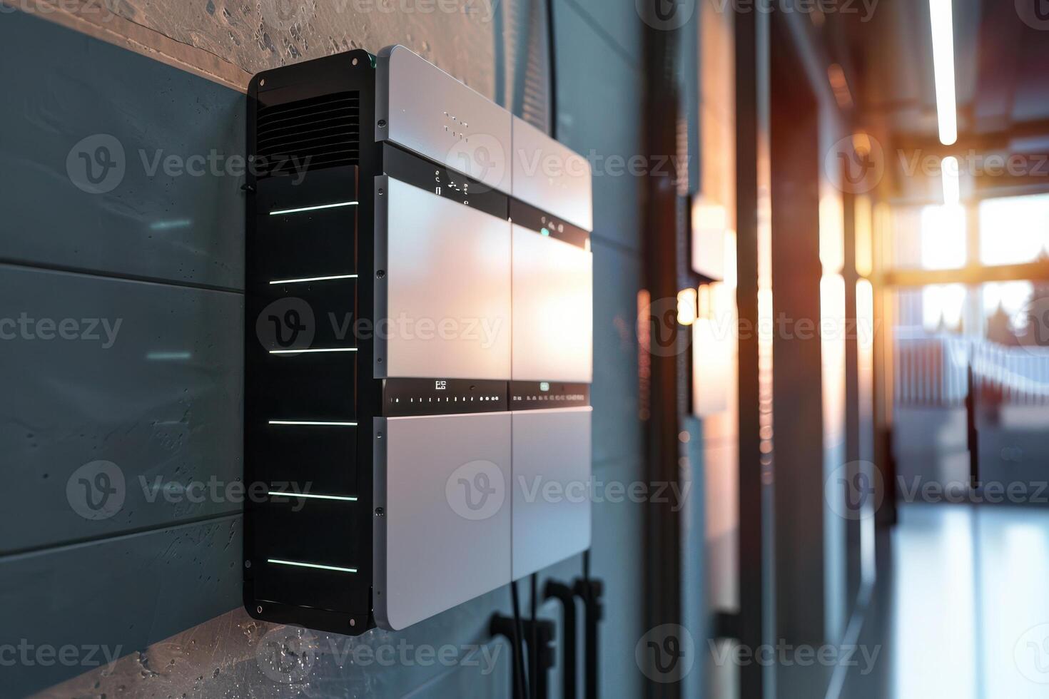 A white and black electrical panel mounted on a wall photo