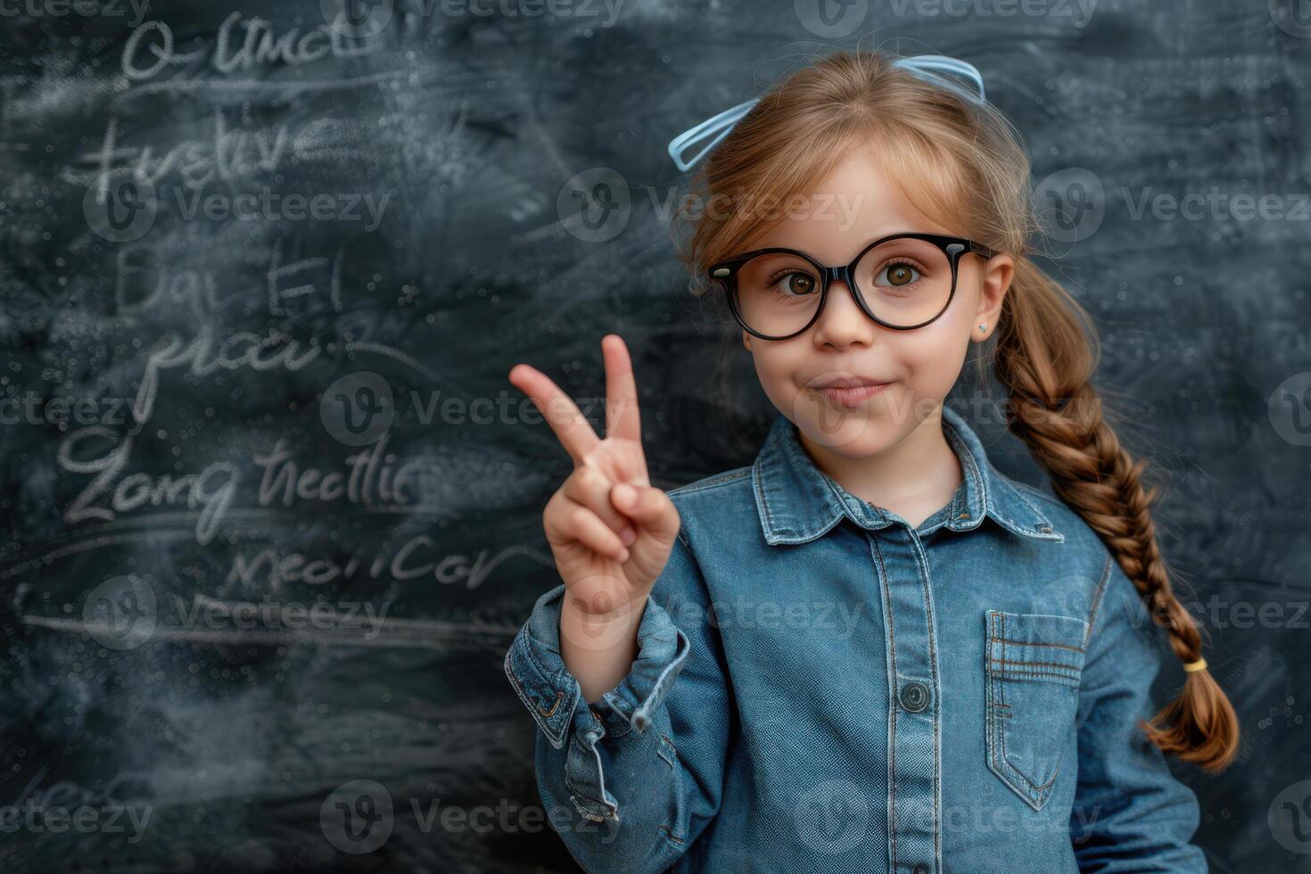 A little girl in glasses standing in front of a blackboard photo