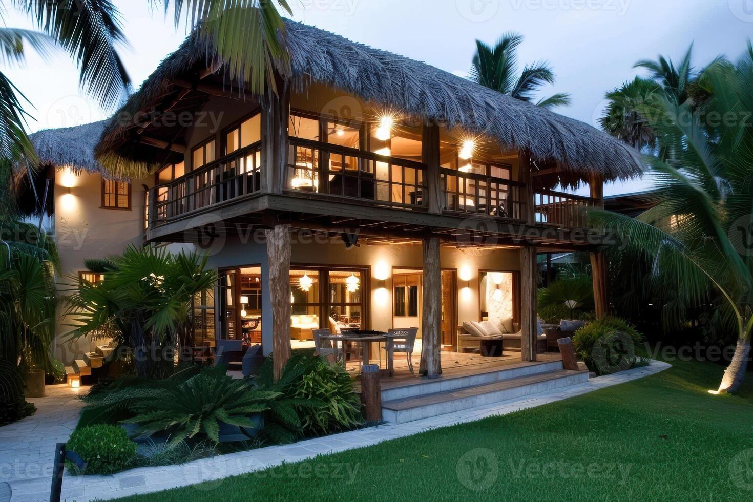 A tropical home with a thatched roof and lush landscaping photo