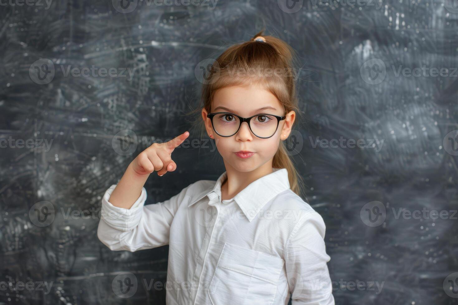 A little girl in glasses pointing at something photo