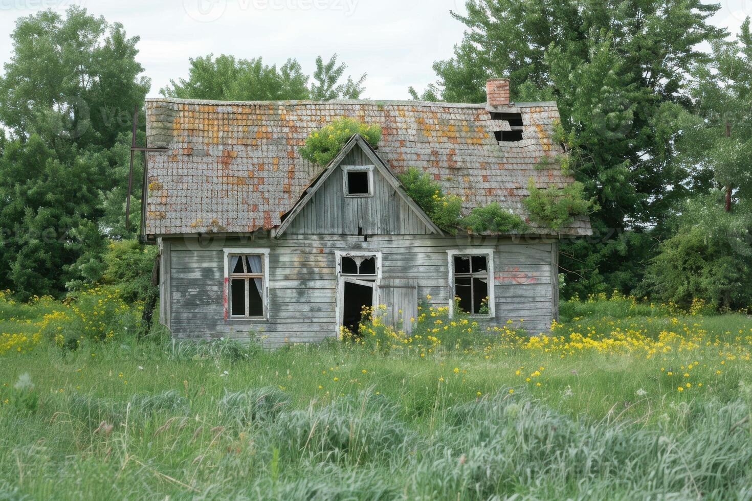 An old abandoned house in the middle of a field photo