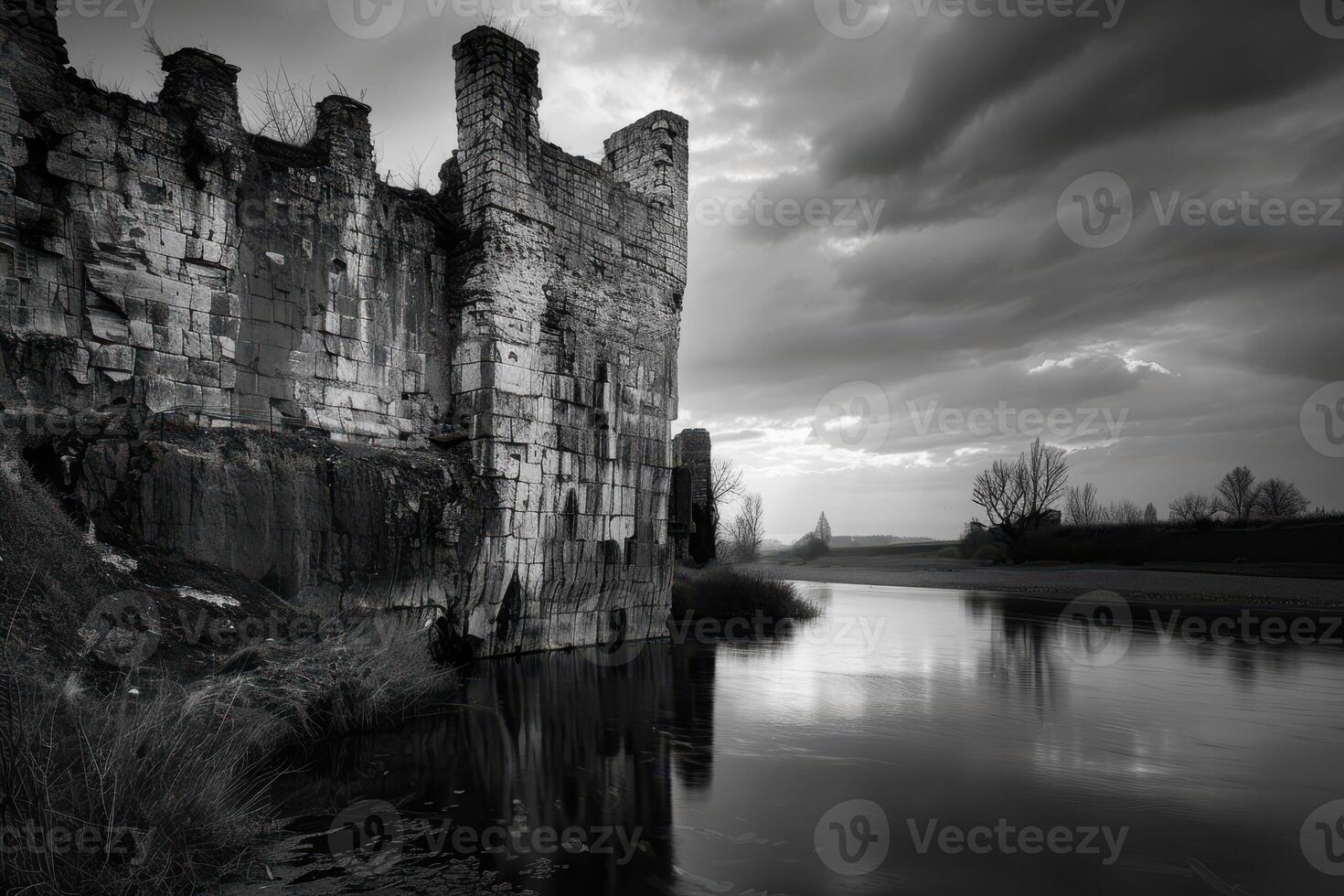 A black and white photo of a castle by the water