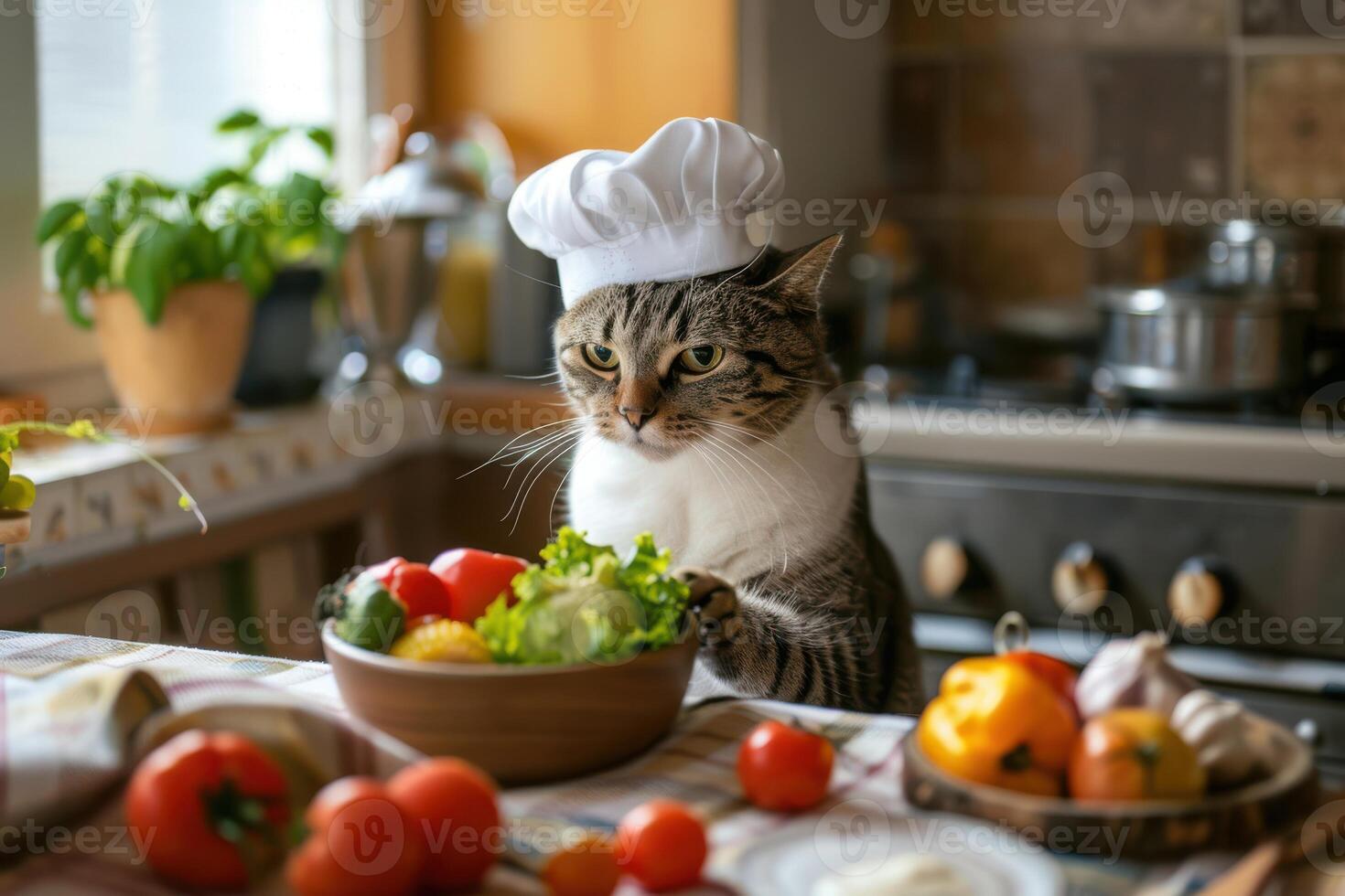A cat wearing a chef hat is sitting at the table with a bowl of vegetables photo
