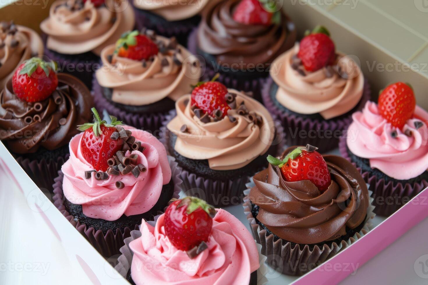 A box of cupcakes with chocolate frosting and strawberries photo
