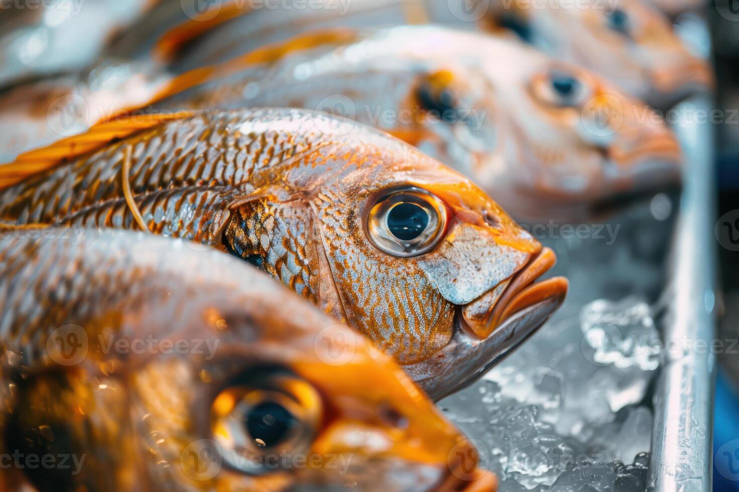 A group of fish sitting on ice in a tray photo