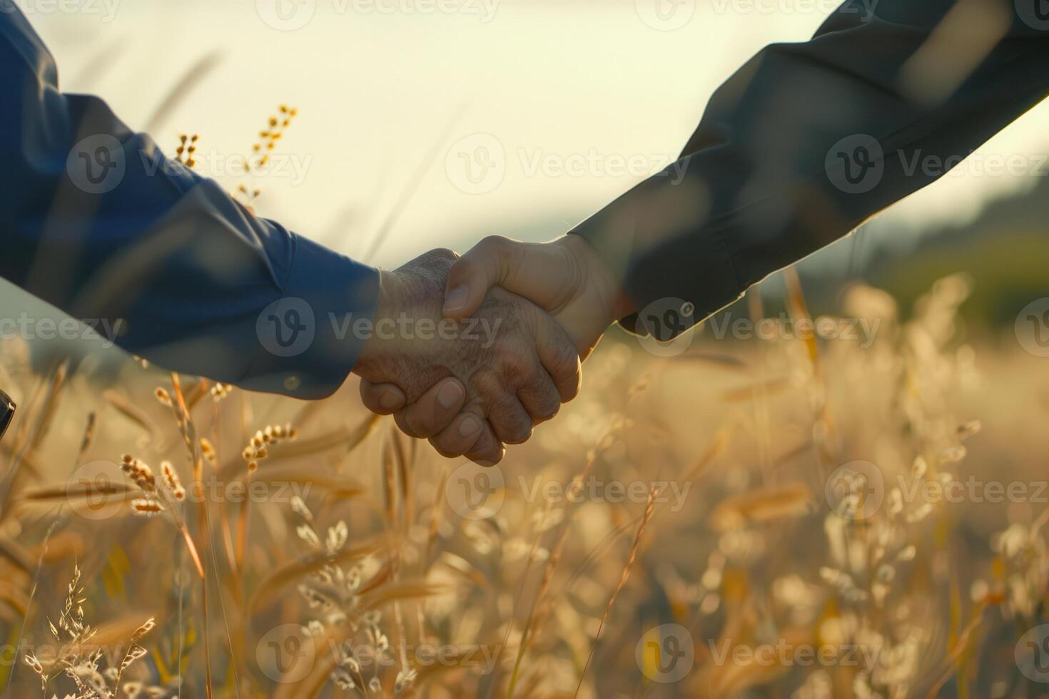Two people shaking hands in a field photo