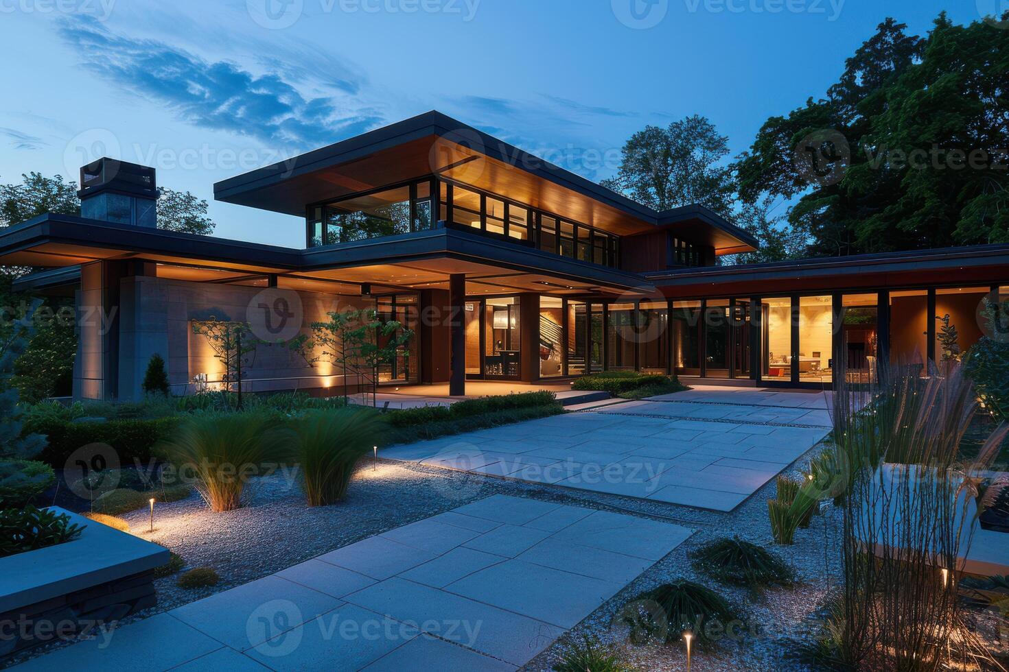 Modern house with outdoor lighting and landscaping photo