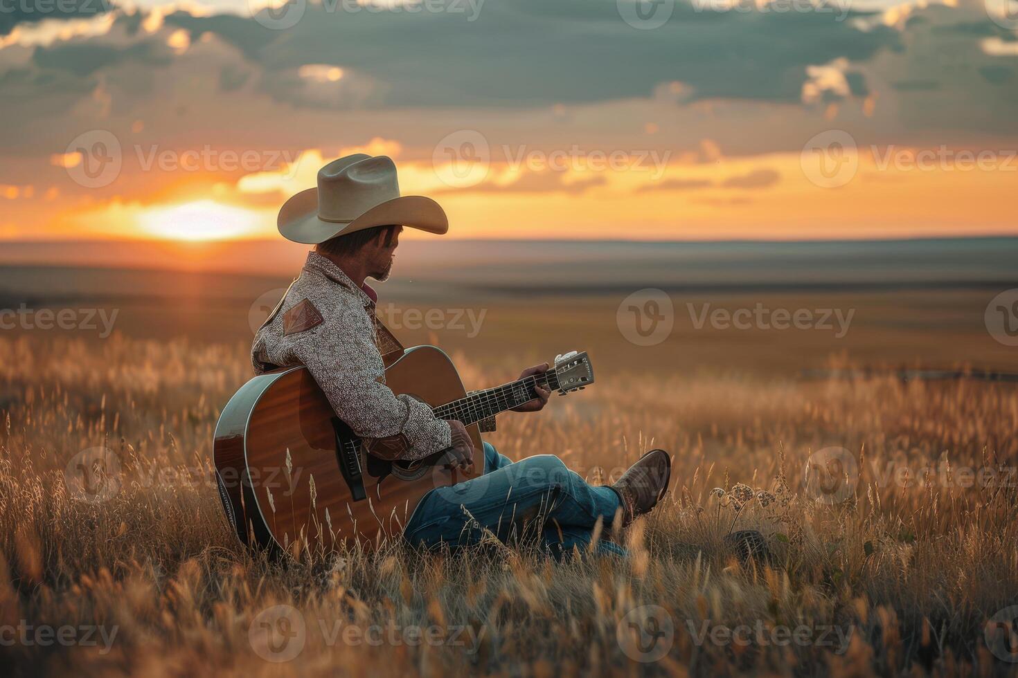 A man in cowboy hat sitting in a field playing guitar photo