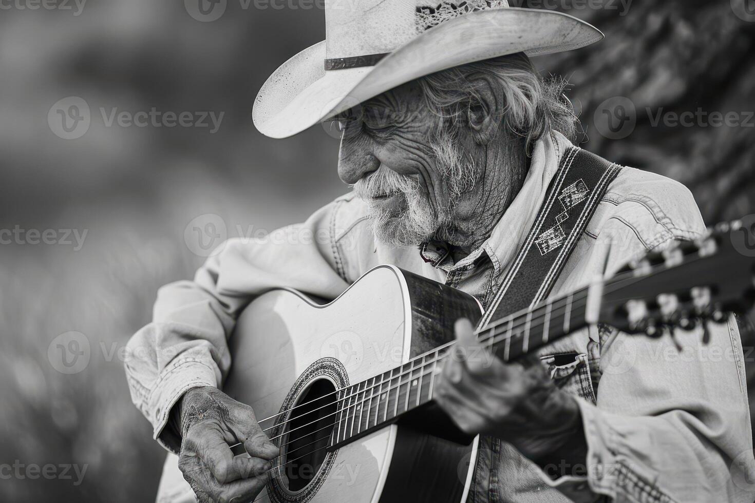 An old man playing the guitar in black and white photo