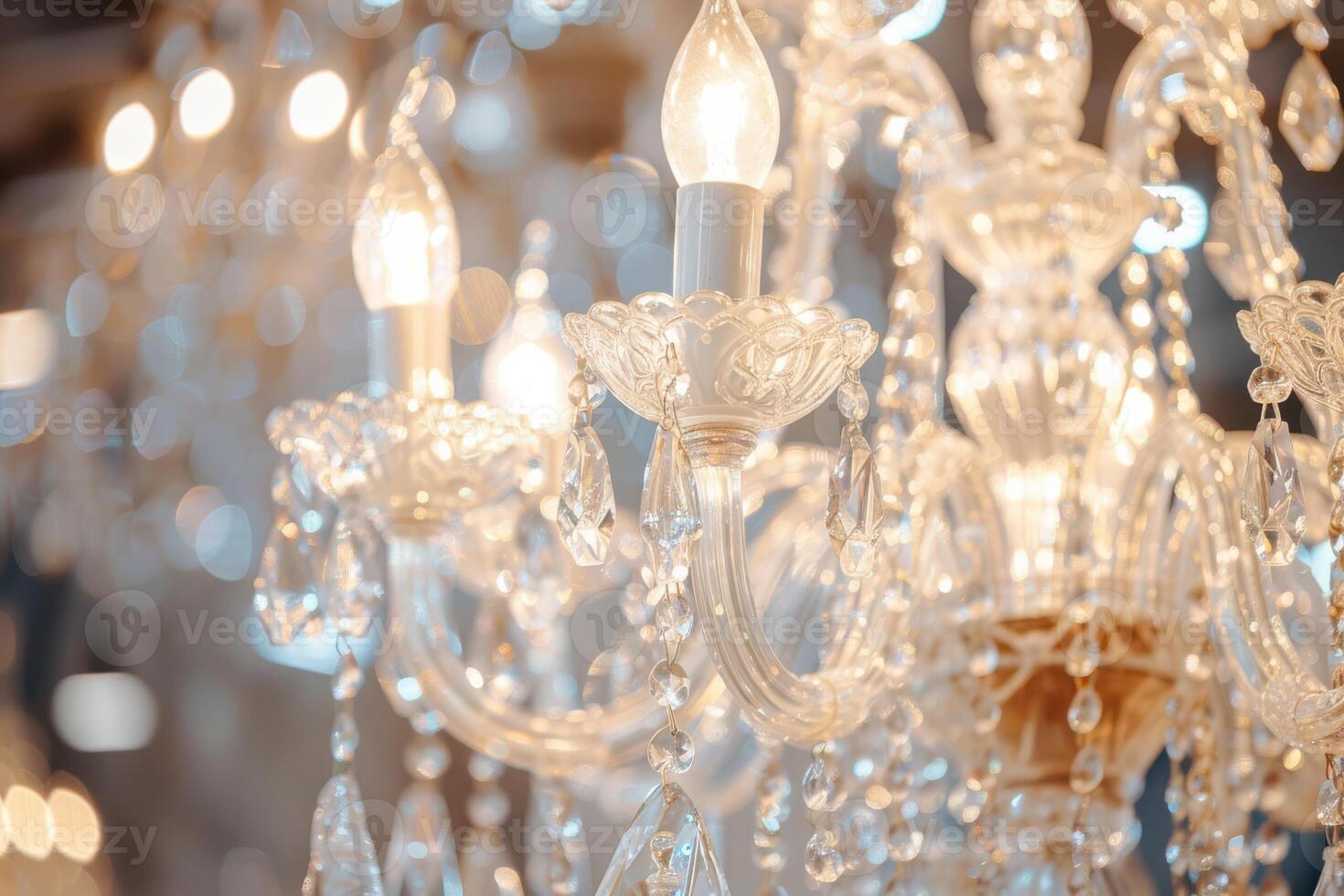 A chandelier with crystal lights and a light bulb photo