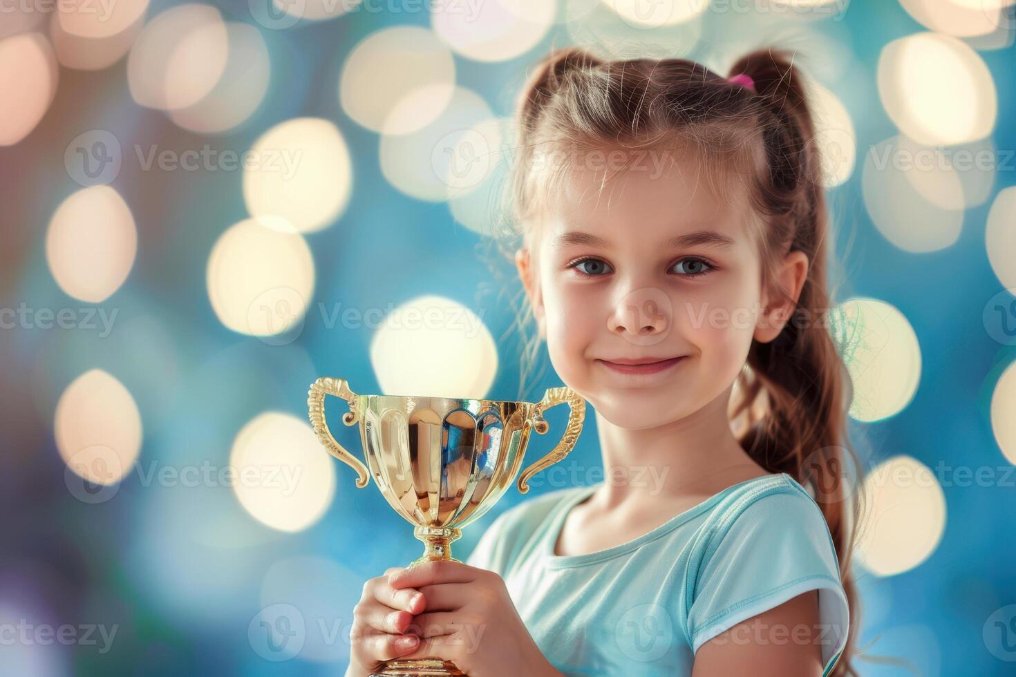 A little girl holding a trophy in front of a bokeh background photo