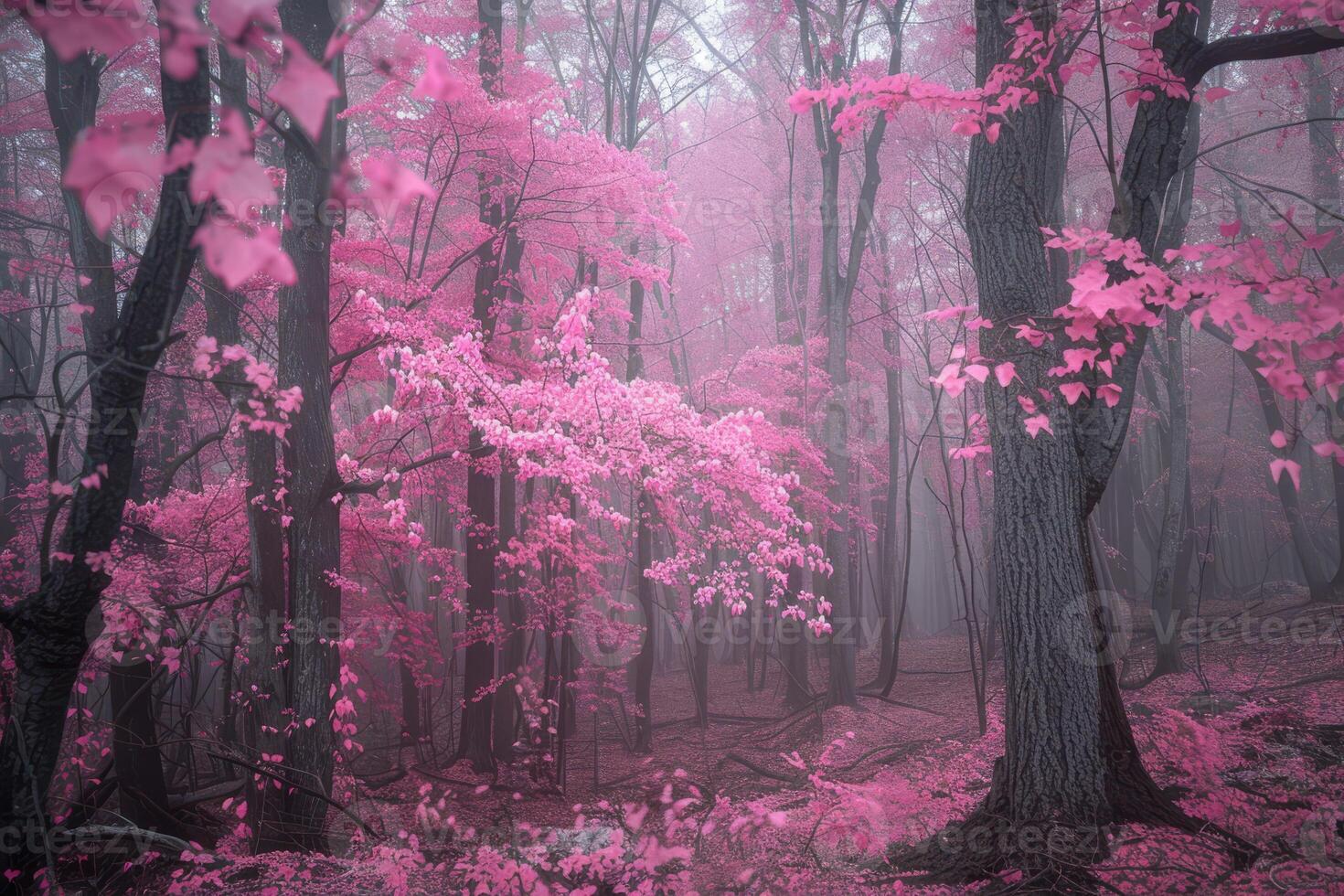 A pink forest with trees and pink flowers photo